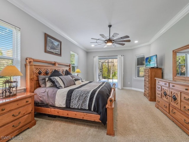 carpeted bedroom featuring ceiling fan, crown molding, and access to outside