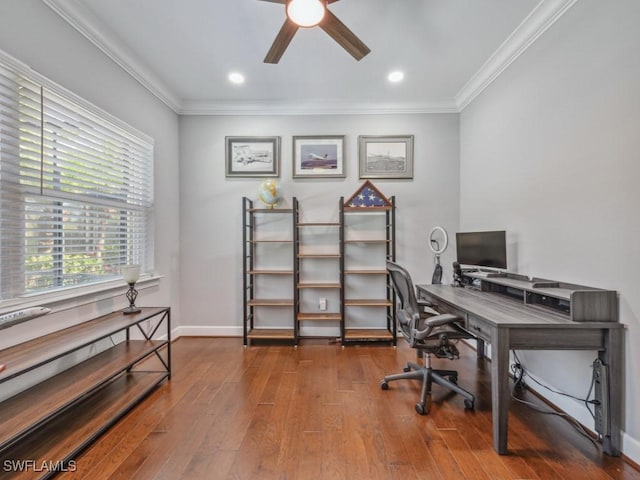 office space with wood-type flooring and crown molding