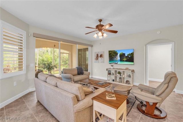 living room with ceiling fan