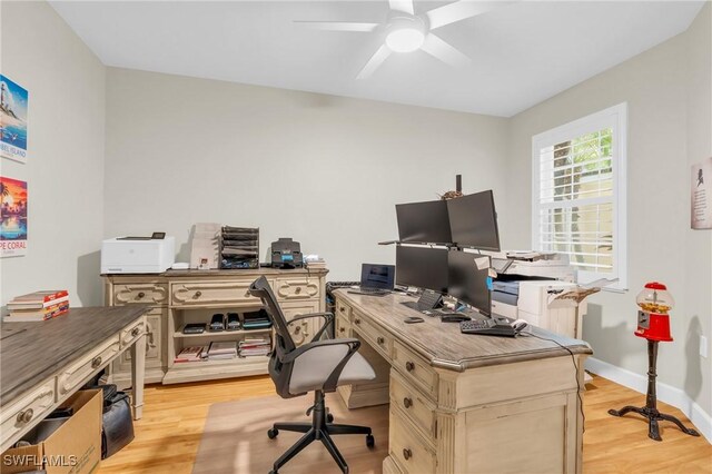 home office featuring ceiling fan and light hardwood / wood-style flooring