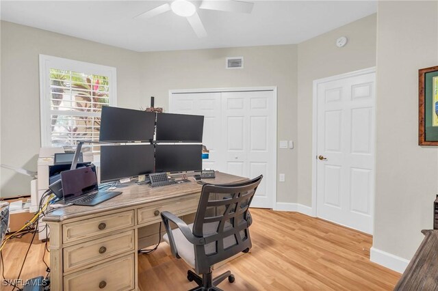 home office featuring ceiling fan and light hardwood / wood-style floors