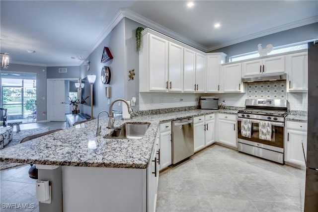 kitchen featuring crown molding, tasteful backsplash, appliances with stainless steel finishes, a sink, and a peninsula