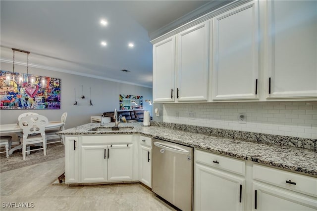 kitchen featuring tasteful backsplash, stainless steel dishwasher, ornamental molding, a sink, and a peninsula