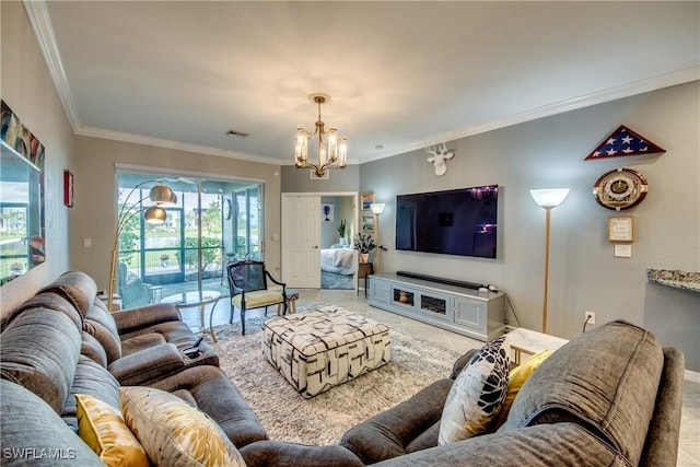 living area featuring tile patterned flooring, visible vents, crown molding, and an inviting chandelier