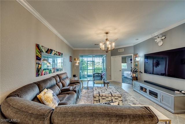 living area featuring an inviting chandelier, visible vents, crown molding, and light tile patterned flooring