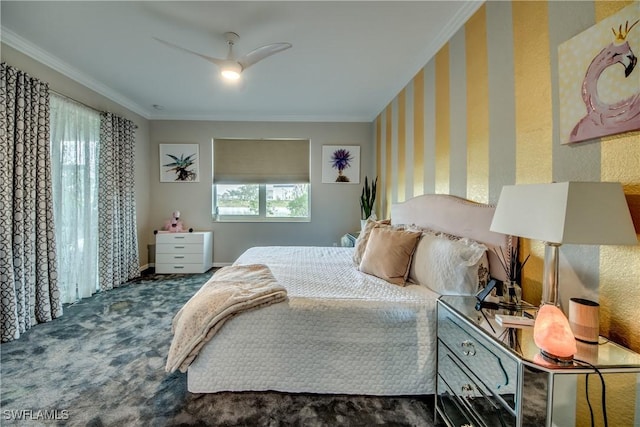 bedroom with baseboards, carpet floors, wallpapered walls, and crown molding