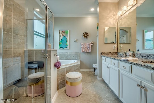 full bath featuring a stall shower, a healthy amount of sunlight, and crown molding