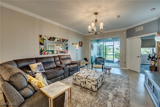 living area with ornamental molding, a chandelier, visible vents, and light tile patterned floors