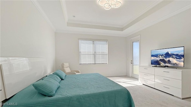 carpeted bedroom with crown molding and a raised ceiling