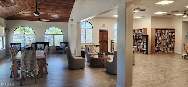 dining space featuring dark hardwood / wood-style floors, wooden ceiling, and vaulted ceiling