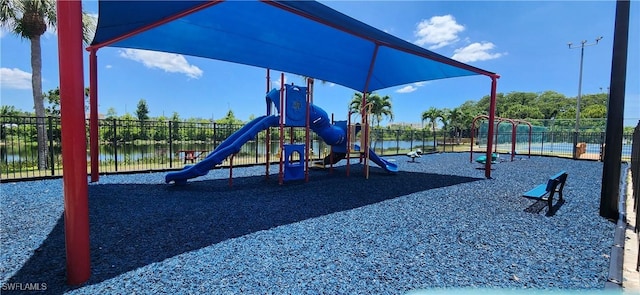 view of play area with a water view