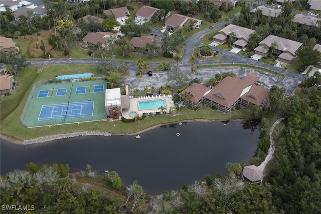 drone / aerial view featuring a water view