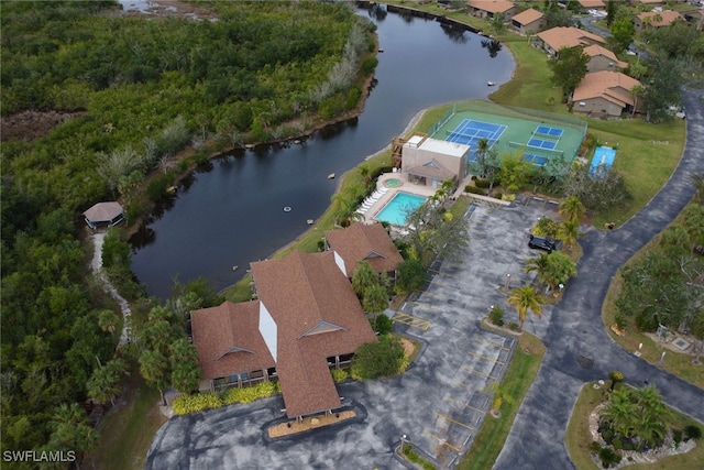 aerial view featuring a water view