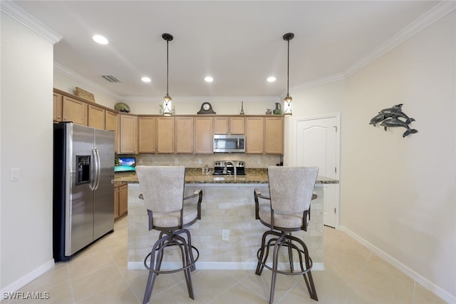 kitchen featuring decorative light fixtures, an island with sink, stone countertops, light tile patterned flooring, and stainless steel appliances