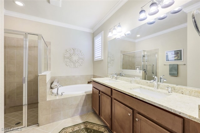 bathroom with vanity, separate shower and tub, tile patterned floors, and crown molding