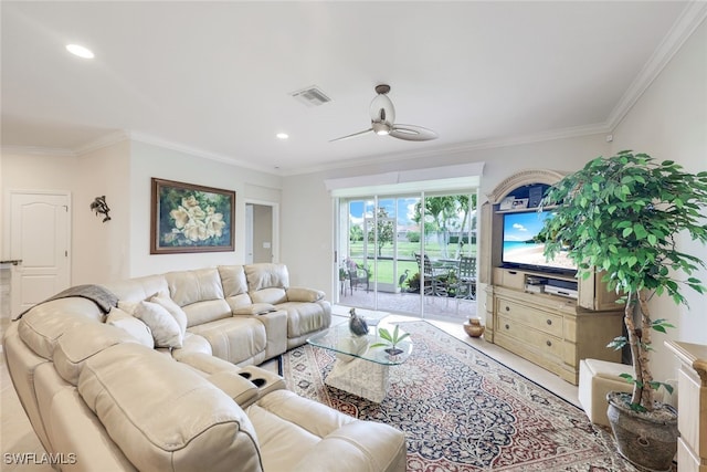 living room featuring ceiling fan and crown molding