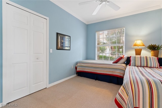 carpeted bedroom featuring crown molding, ceiling fan, and a closet