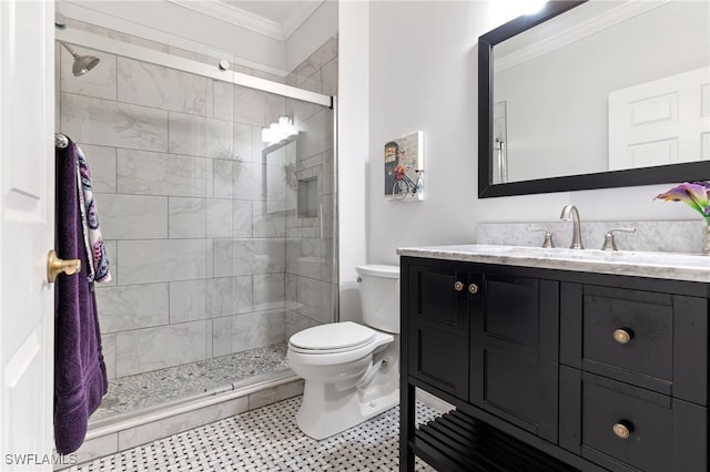 bathroom featuring vanity, an enclosed shower, ornamental molding, and toilet