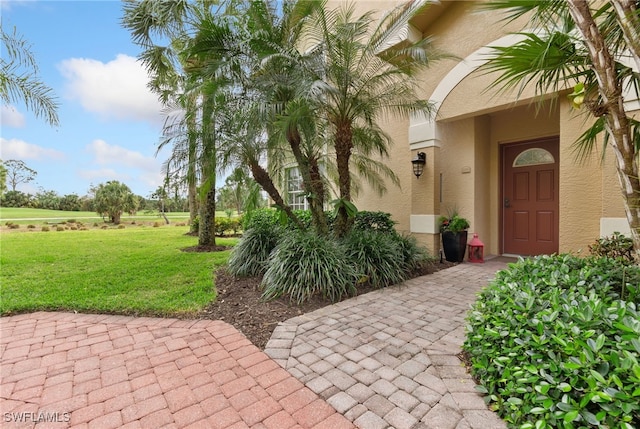 view of exterior entry featuring a yard