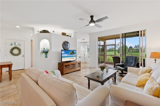 tiled living room featuring ceiling fan