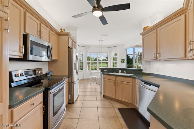 kitchen featuring crown molding, appliances with stainless steel finishes, sink, and light brown cabinetry