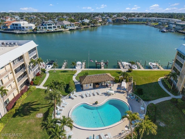 aerial view featuring a water view