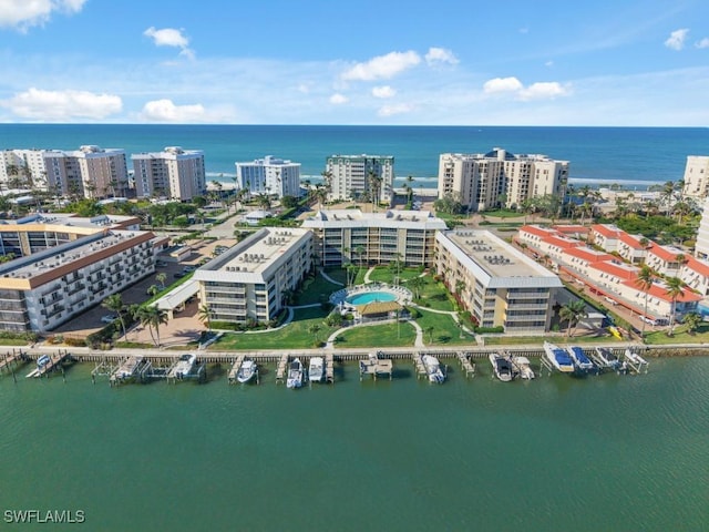 bird's eye view with a water view