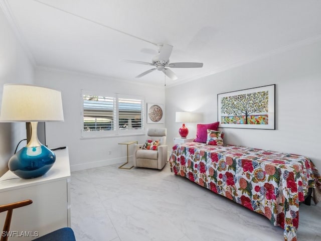 bedroom with crown molding and ceiling fan