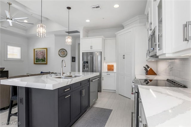 kitchen with visible vents, decorative backsplash, stainless steel appliances, white cabinetry, and a sink