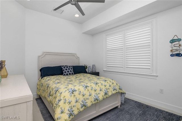 bedroom with a ceiling fan, recessed lighting, baseboards, and visible vents