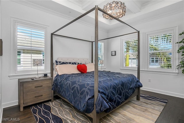 bedroom with beam ceiling, ornamental molding, coffered ceiling, baseboards, and dark wood-style flooring