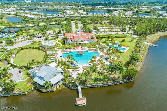 bird's eye view with a water view