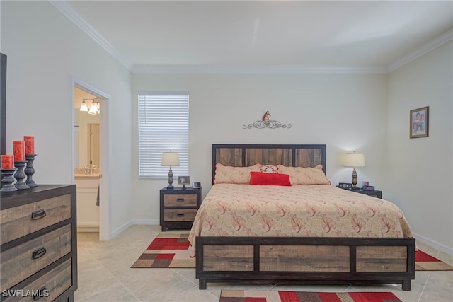 tiled bedroom featuring connected bathroom and crown molding