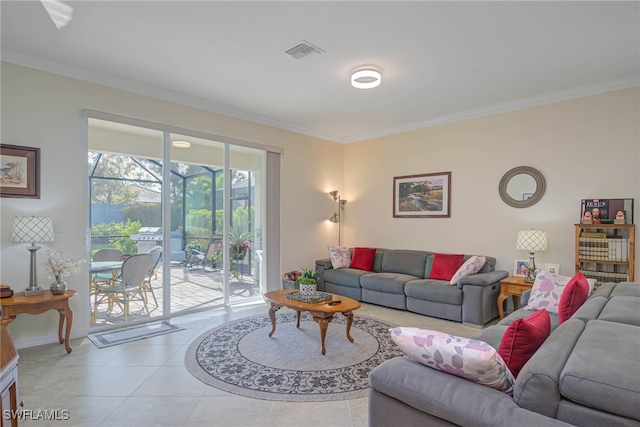 tiled living room with crown molding