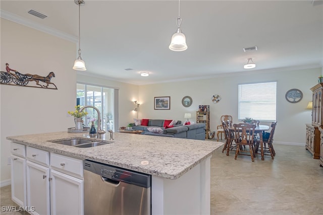 kitchen with a kitchen island with sink, crown molding, sink, stainless steel dishwasher, and white cabinetry