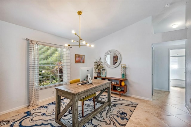 office with light tile patterned floors, vaulted ceiling, and a notable chandelier