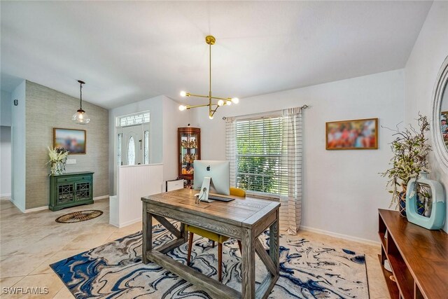 dining space featuring light tile patterned flooring, a chandelier, and vaulted ceiling