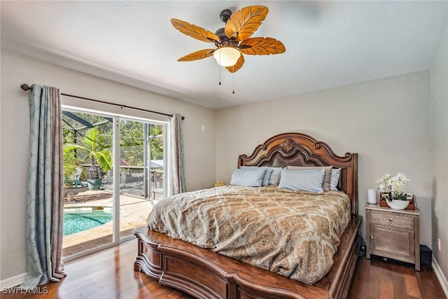 bedroom featuring access to exterior, hardwood / wood-style flooring, and ceiling fan