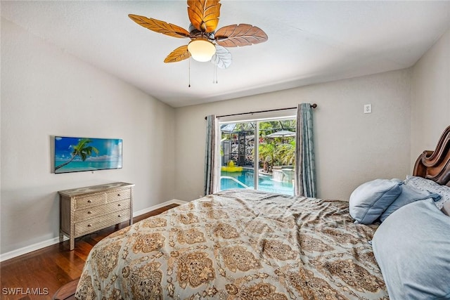 bedroom featuring ceiling fan, dark hardwood / wood-style floors, and access to outside