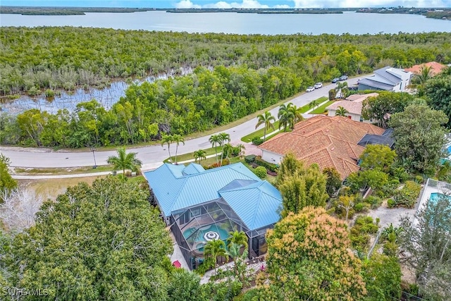 aerial view featuring a water view