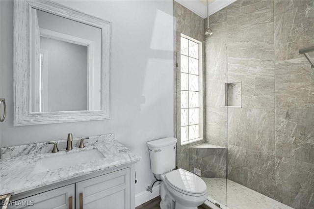 bathroom featuring baseboards, toilet, vanity, and a walk in shower