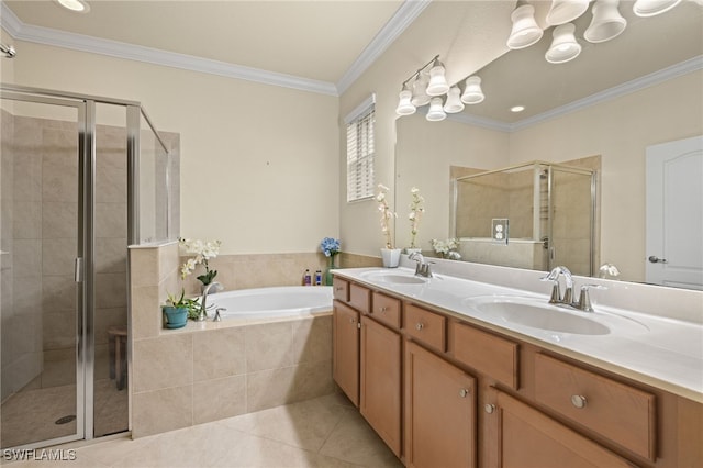 bathroom featuring independent shower and bath, vanity, tile patterned floors, and crown molding