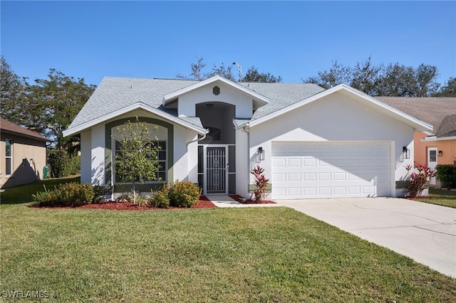 ranch-style house featuring a front yard and a garage