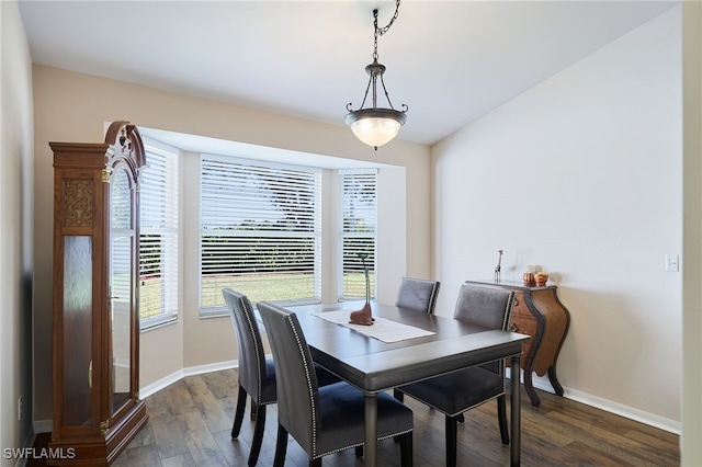 dining space with dark hardwood / wood-style flooring