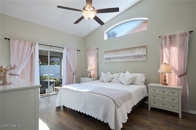 bedroom with ceiling fan, dark hardwood / wood-style flooring, access to exterior, and high vaulted ceiling