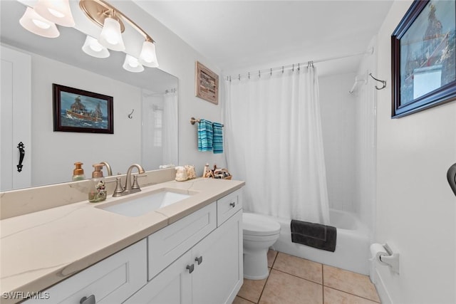 full bathroom featuring tile patterned floors, vanity, shower / bathtub combination with curtain, and toilet