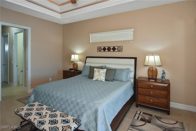 tiled bedroom with ceiling fan and ornamental molding