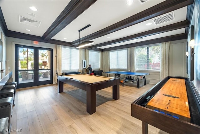 rec room with beam ceiling, french doors, light hardwood / wood-style floors, and pool table