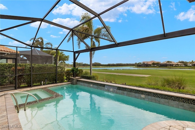 view of pool with glass enclosure