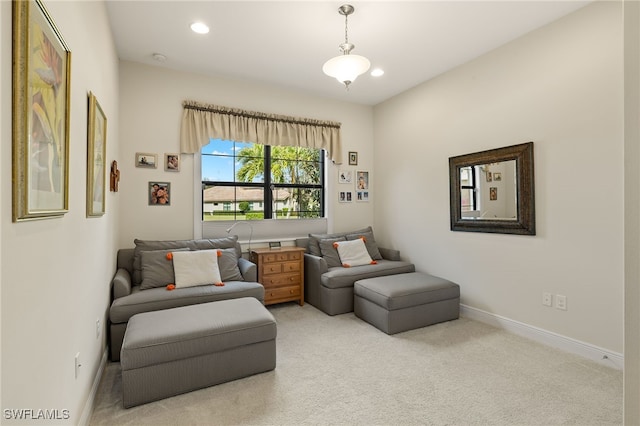 living room featuring light colored carpet